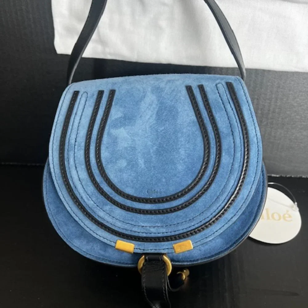 Brand New With Tags Chloe Marcie Cross Body Saddle Blue Suede Bag - Picture 1 of 13